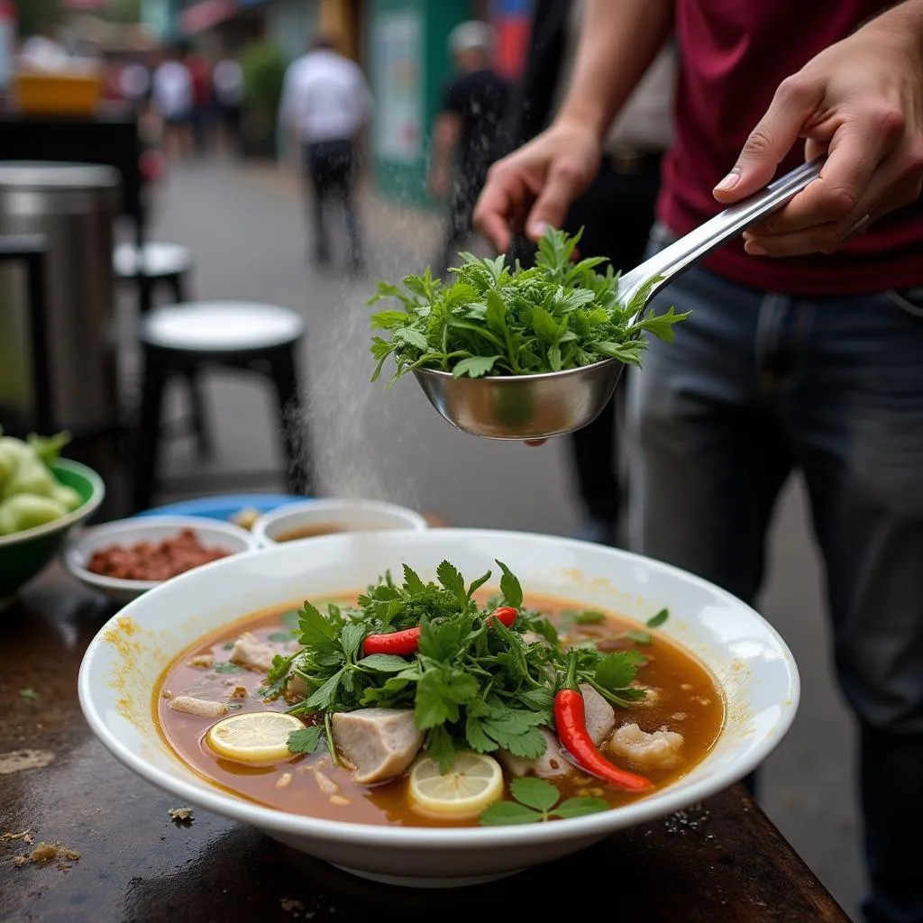 Hanoi street food vendor serving pho