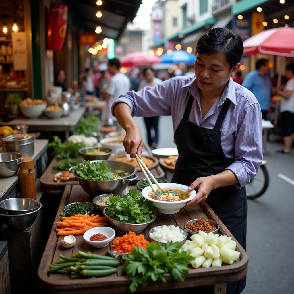 Hanoi street food vendor serving pho