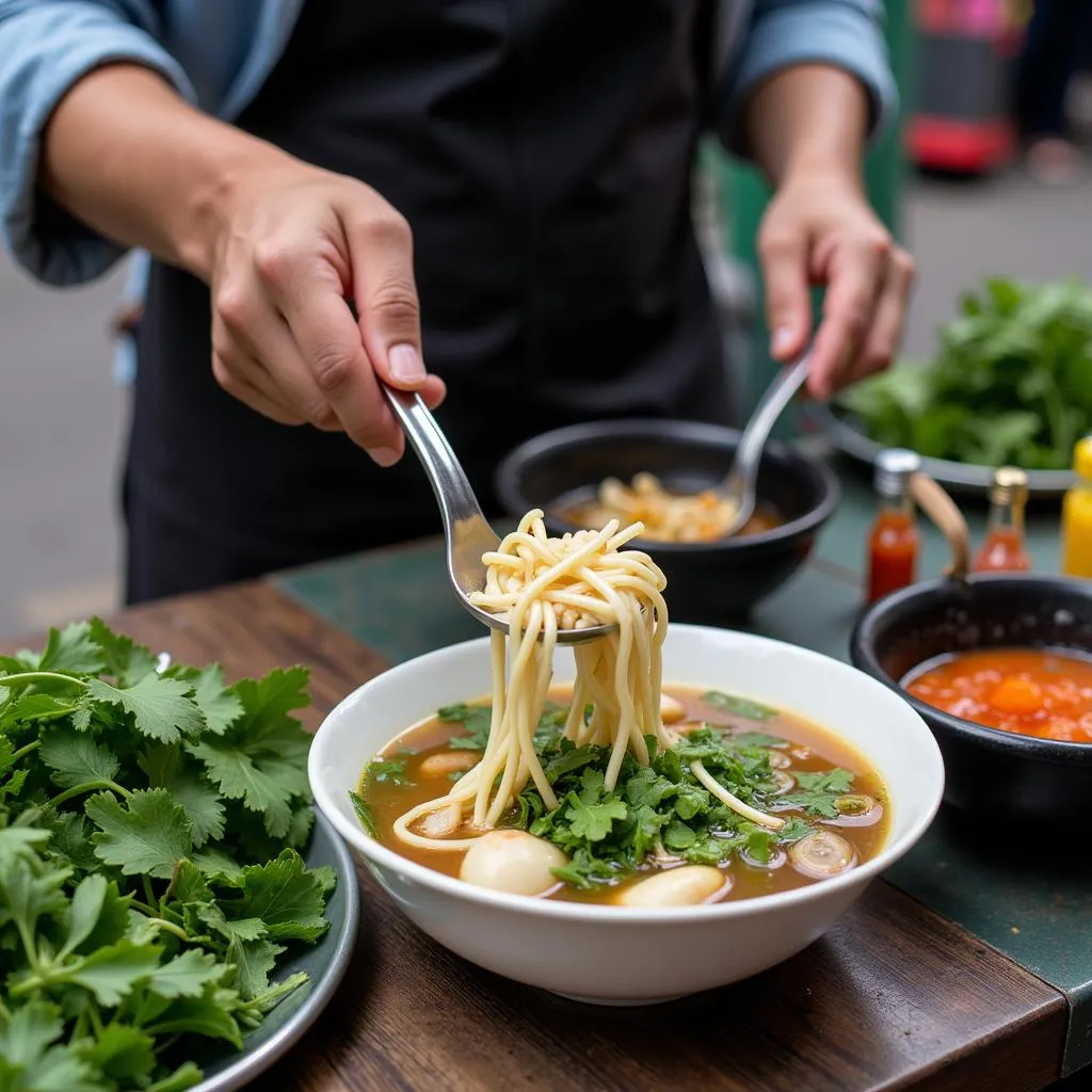 Hanoi street food vendor serving steaming bowl of pho