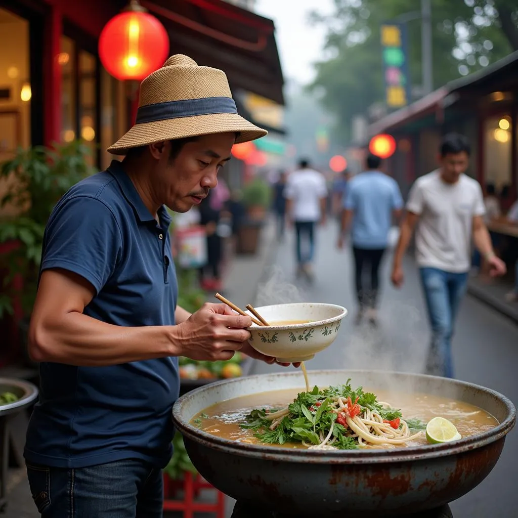 Hanoi street food vendor serving pho