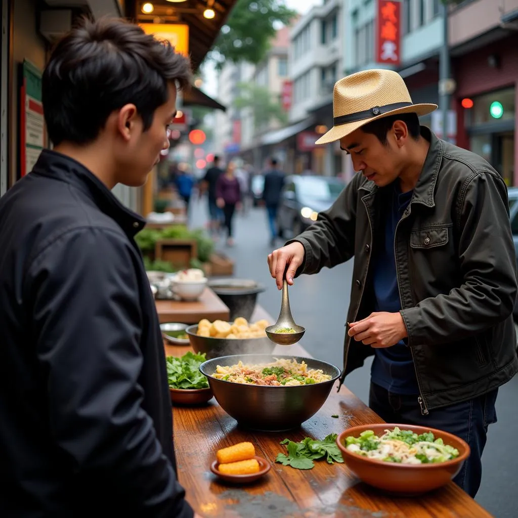 Hanoi street food vendor serving a steaming bowl of pho to a customer