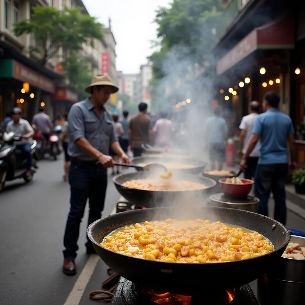 Hanoi street food vendor cooking with palm oil