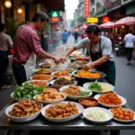 Hanoi street food vendors preparing and serving dishes