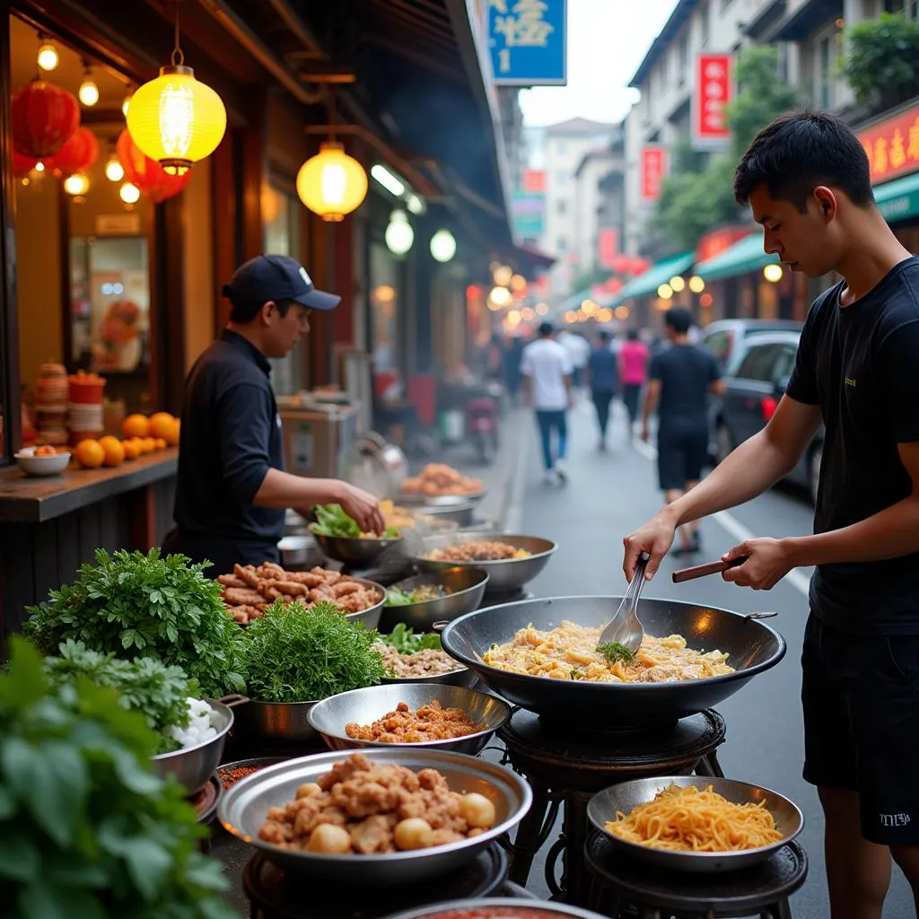 Hanoi street food vendors preparing traditional dishes