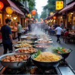 Hanoi street food vendors serving a variety of delicious dishes