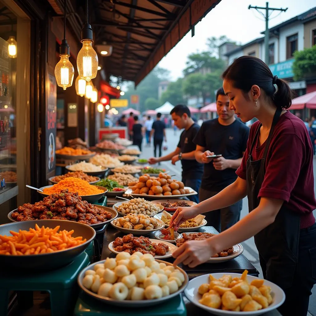 Hanoi street food vendors preparing dishes