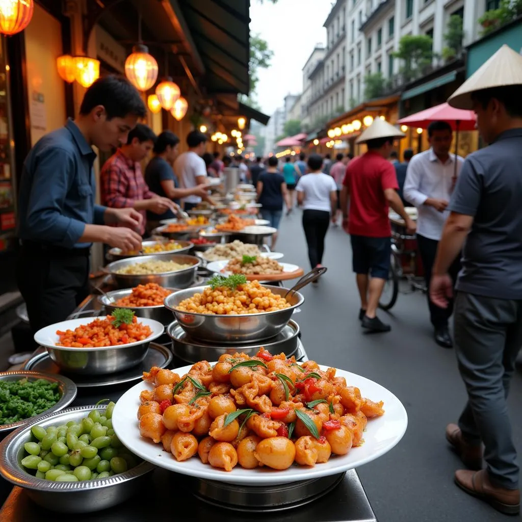 Hanoi street food vendors preparing dishes