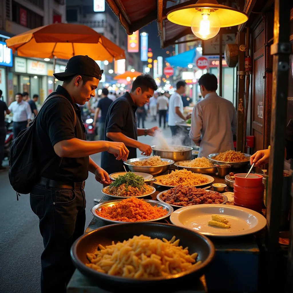 Hanoi street food vendors preparing dishes