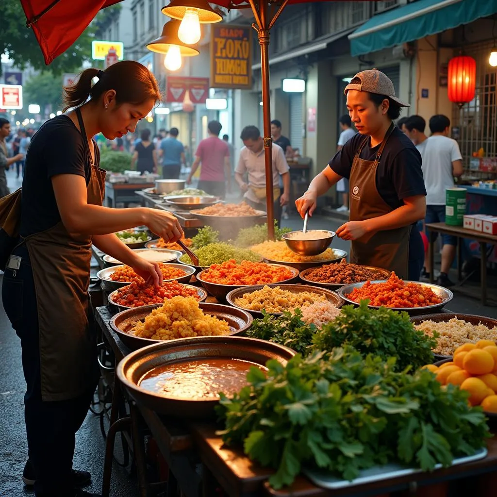 Hanoi street food vendors preparing dishes