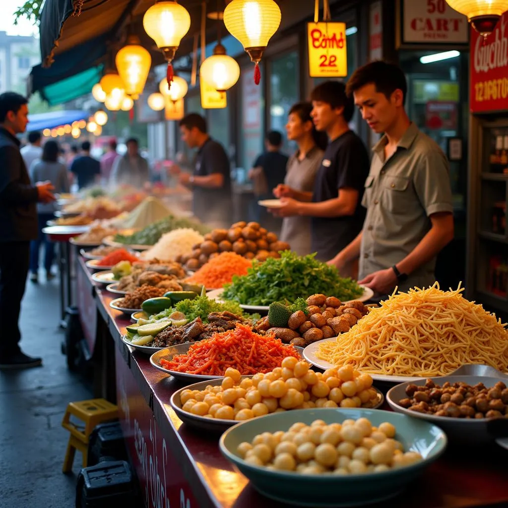 Vibrant street food stalls in Hanoi's Old Quarter