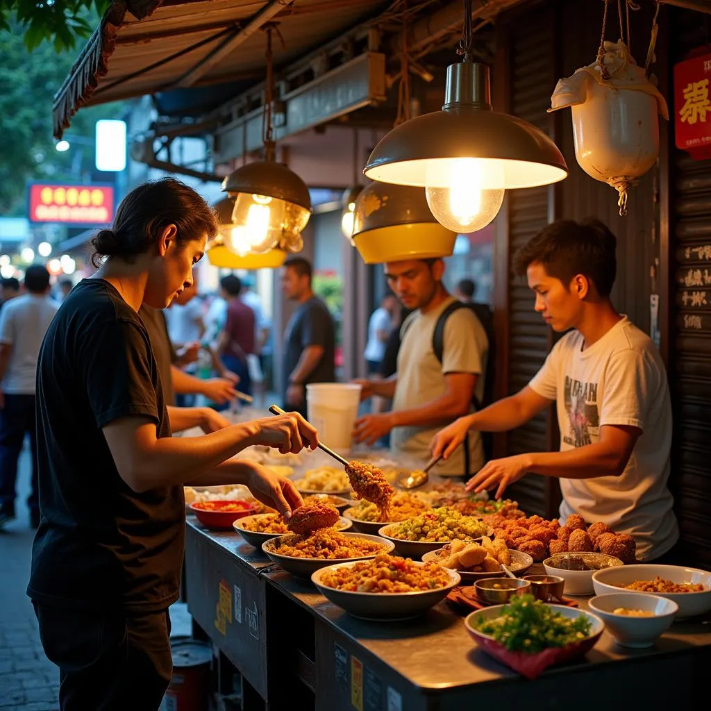 Hanoi street food vendors preparing and serving delicious local dishes.