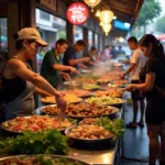 Hanoi street food vendors preparing dishes