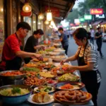 Hanoi street food vendors preparing dishes