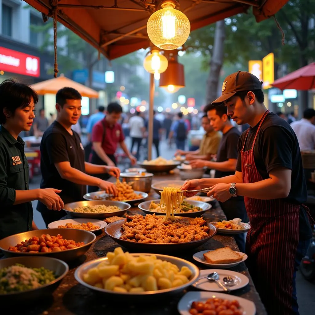 Hanoi street food vendors bustling with customers