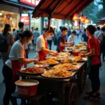 Hanoi street food vendors preparing food