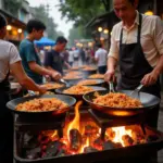 Hanoi street food vendors preparing "món ăn mặn"