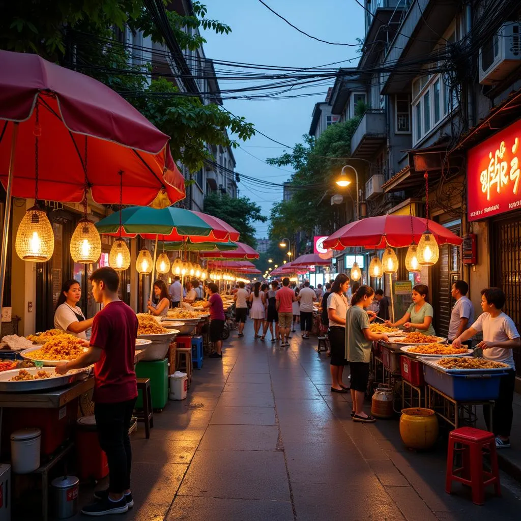 Hanoi street food vendors preparing dishes