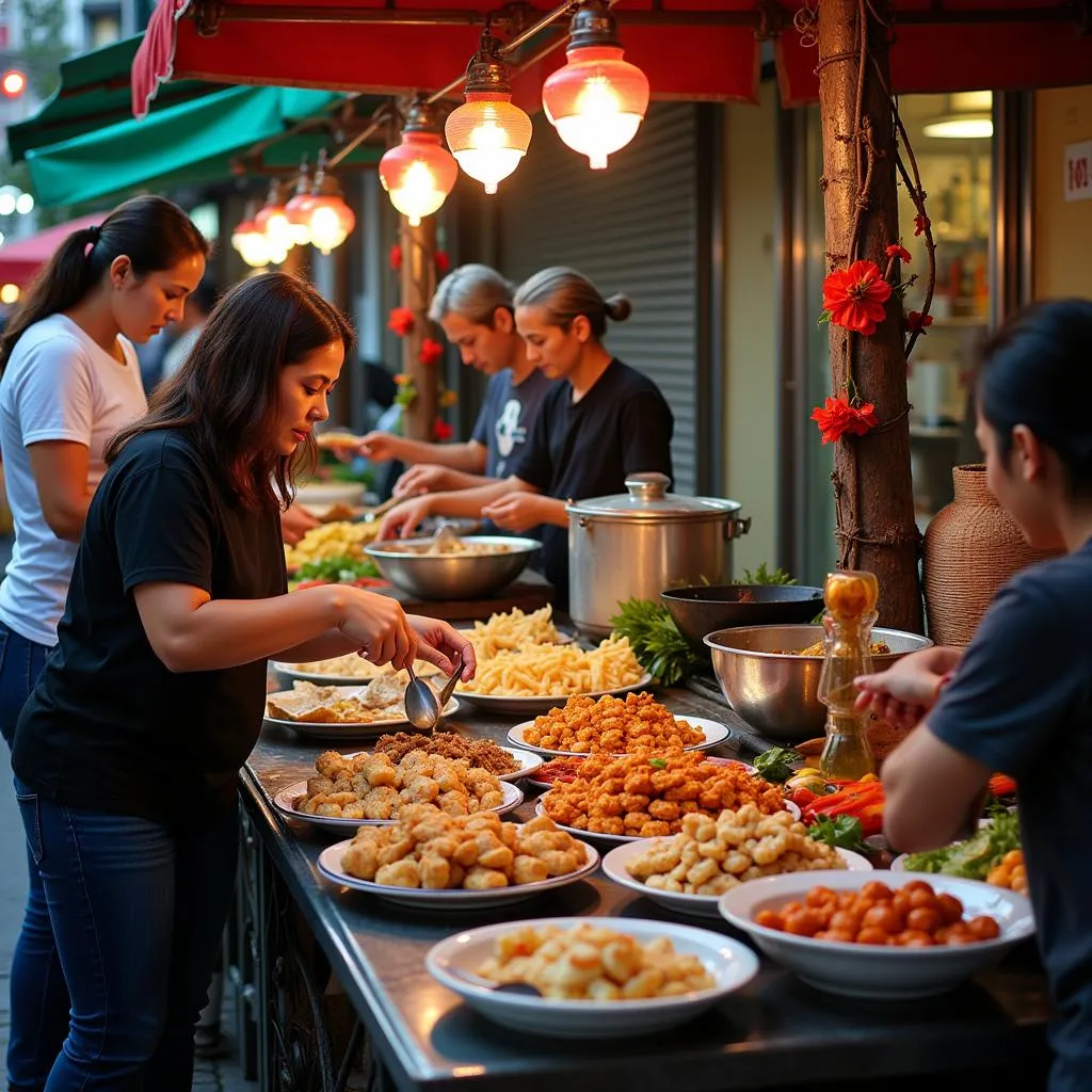 Hanoi street food vendors preparing traditional dishes