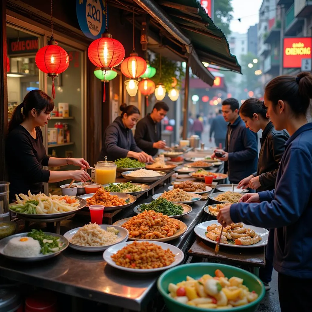 Hanoi street food vendors preparing delicious dishes