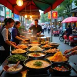 Hanoi street food vendors preparing quick eats