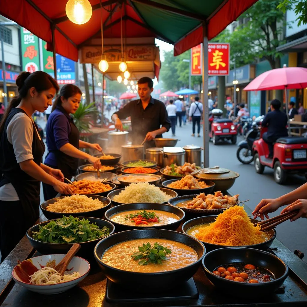 Hanoi street food vendors preparing quick eats