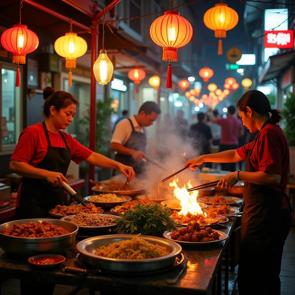 Hanoi street food vendors preparing dishes