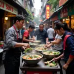 Hanoi street food vendors selling pho