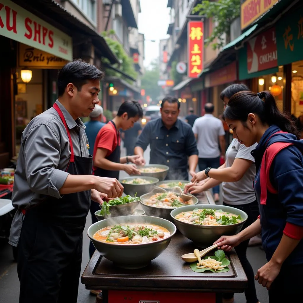 Hanoi street food vendors selling pho