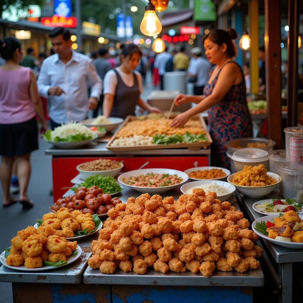 Hanoi street food vendors preparing dishes