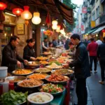 Hanoi street food vendors preparing and serving various dishes