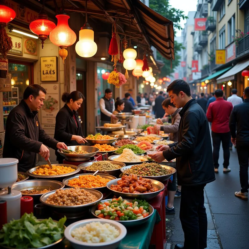 Hanoi street food vendors preparing and serving various dishes