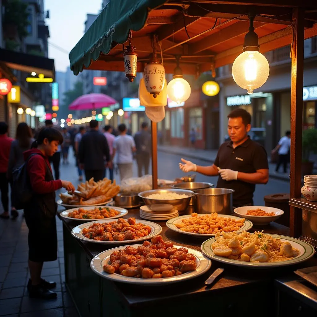 Vibrant street food scene in Hanoi with vendors preparing fresh dishes