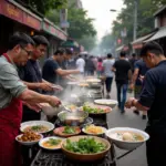 Hanoi street food vendors preparing pho