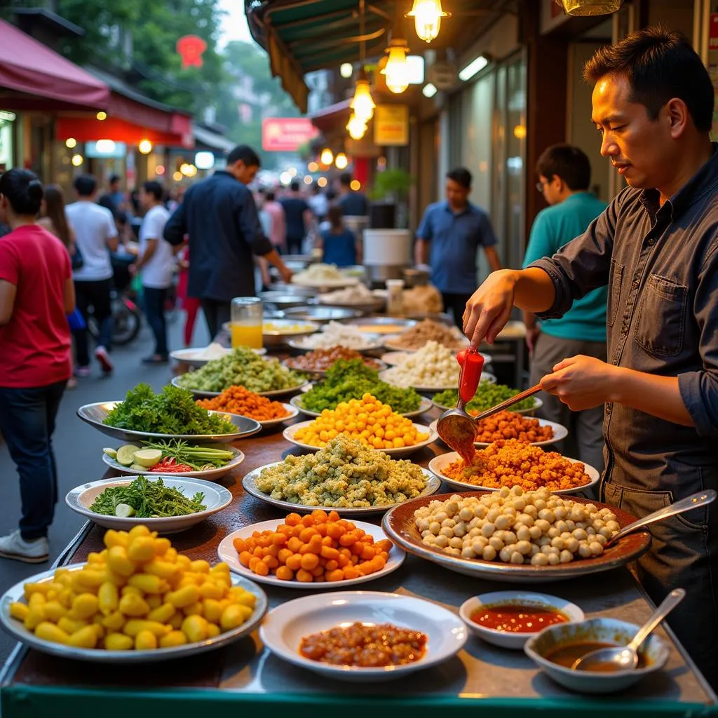 Hanoi street food vendors expertly prepare a variety of colorful and flavorful tapioca-based dishes