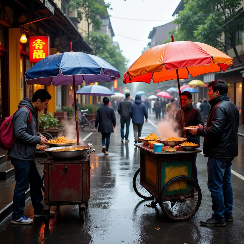 Street food vendors in Hanoi bustling on a rainy day