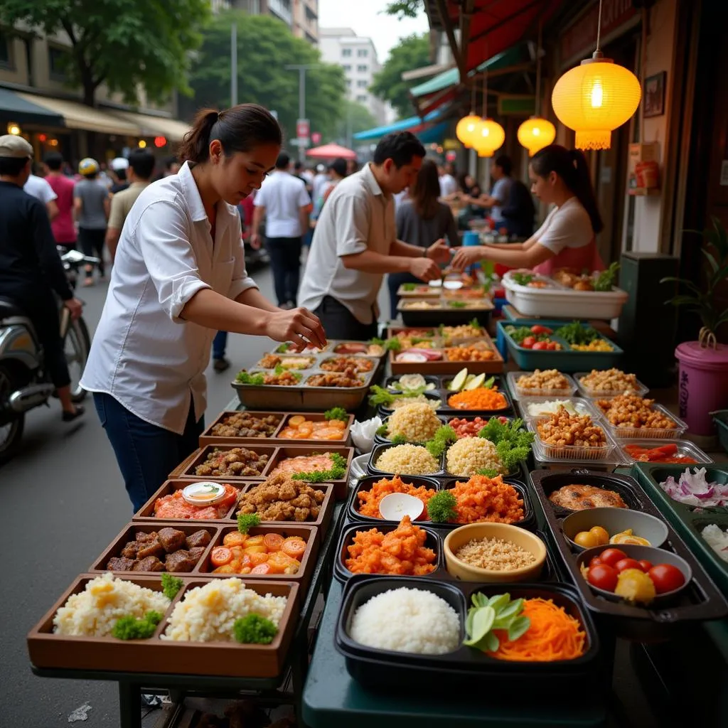 Street food vendors in Hanoi preparing and selling bento boxes