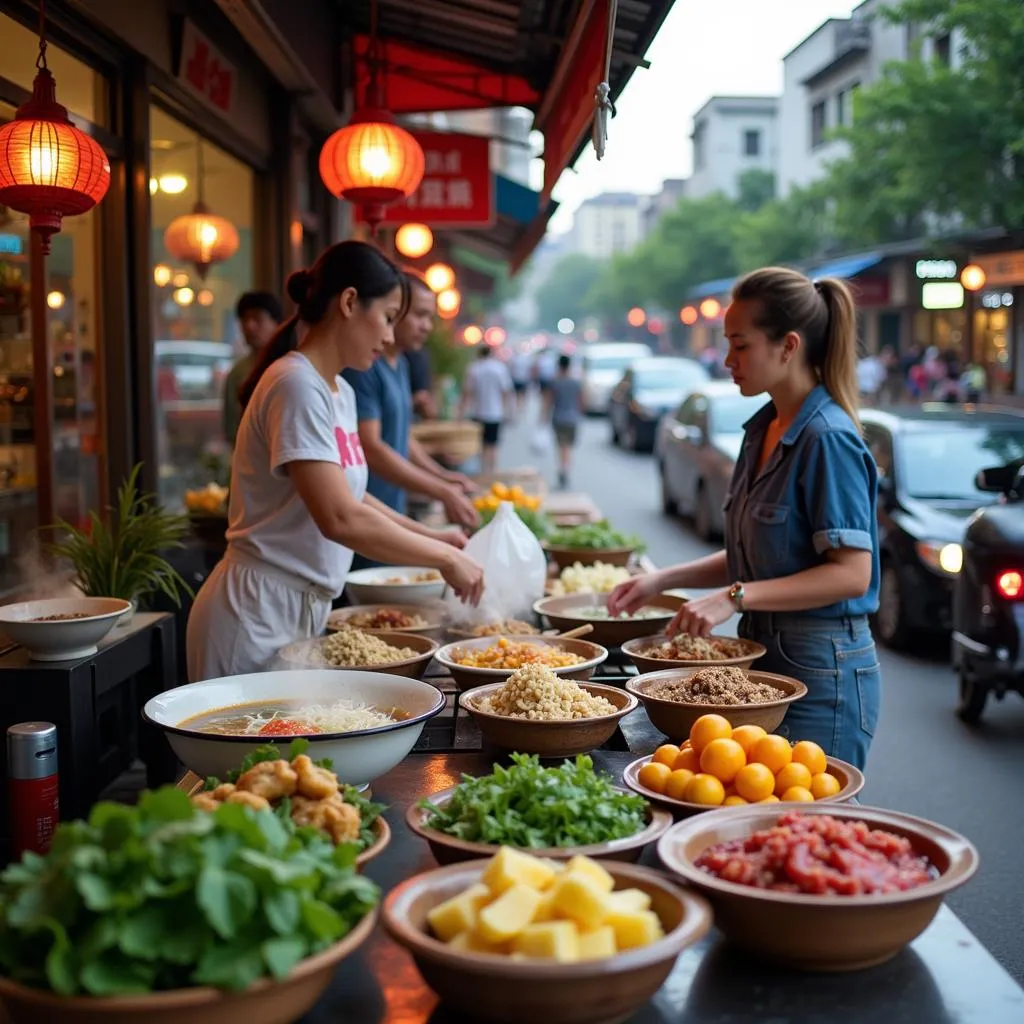 Hanoi street food vendors selling pho and fresh produce