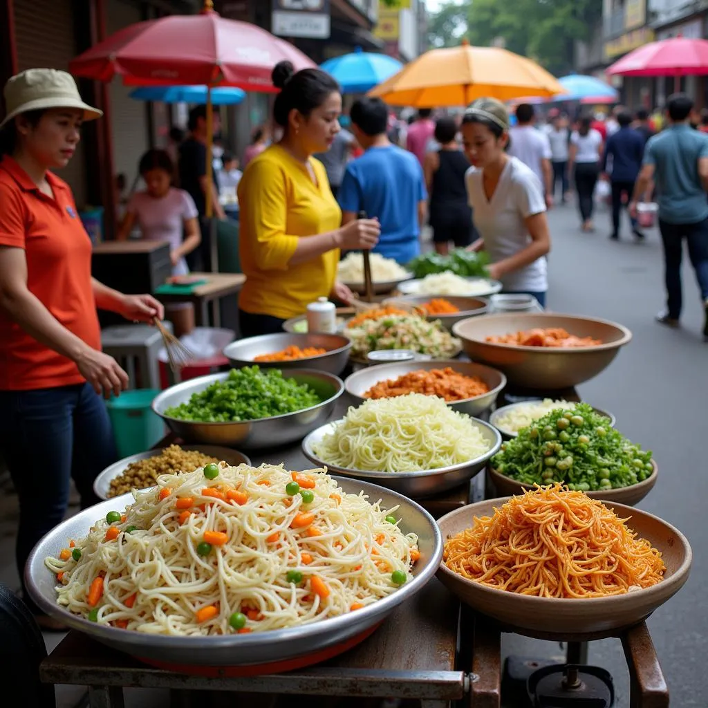 Hanoi street food vendors preparing and selling dishes featuring fresh sprouts