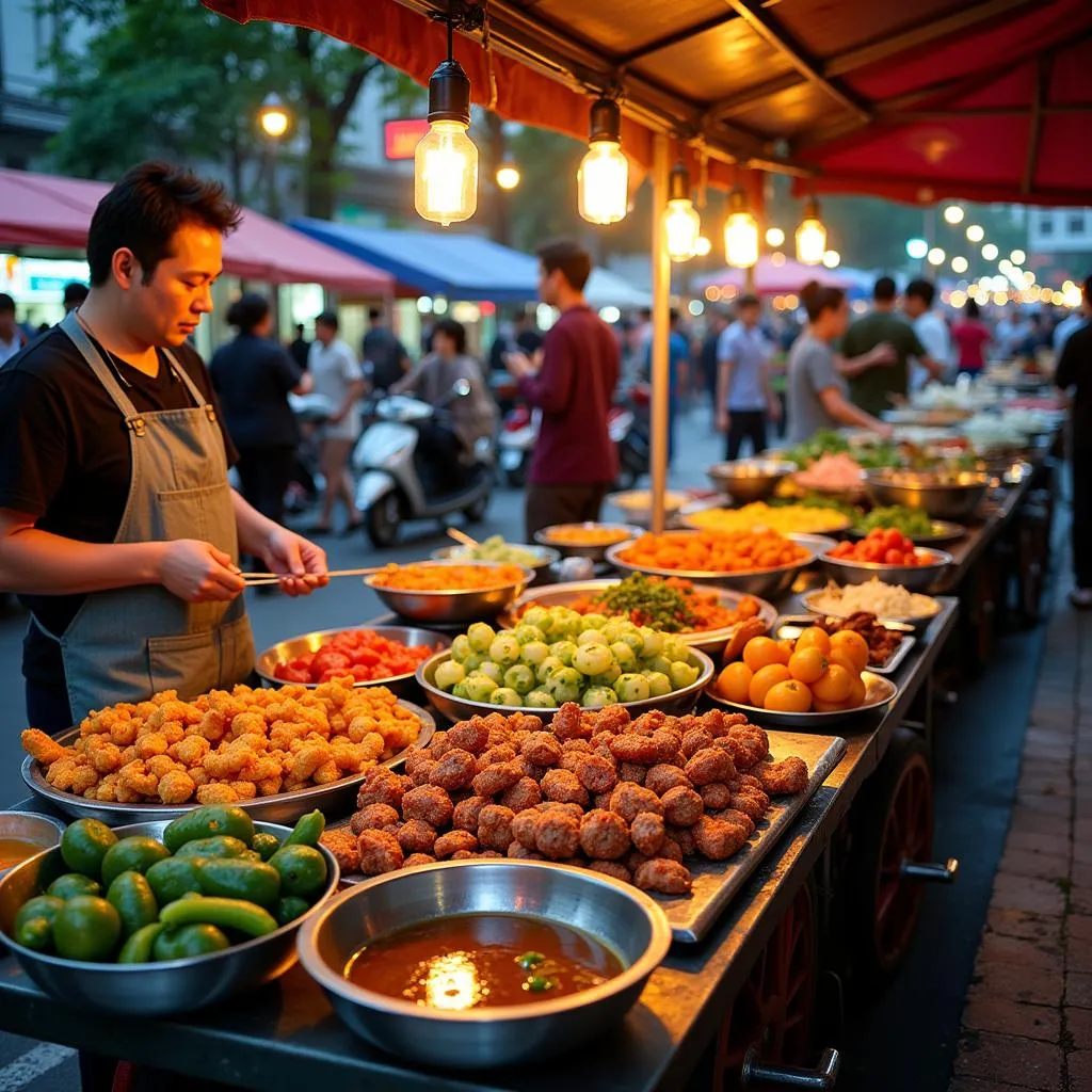 A vibrant street food stall in Hanoi offering both spicy and healthy options