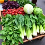 Hanoi street market with colorful fresh vegetables