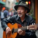 Hanoi street musician performing with his guitar