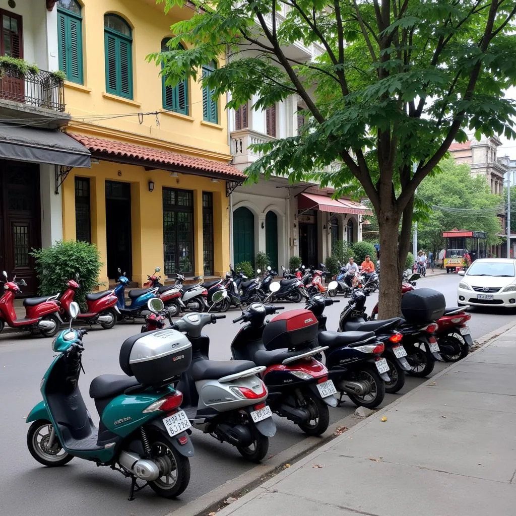 Motorbikes parked on the street in Hanoi, Vietnam