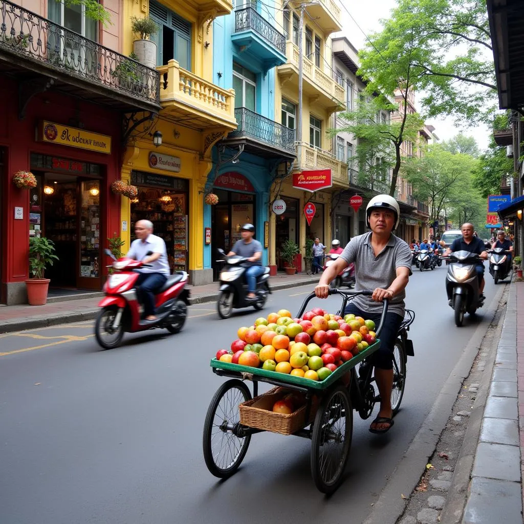 A bustling street scene in Hanoi, Vietnam.