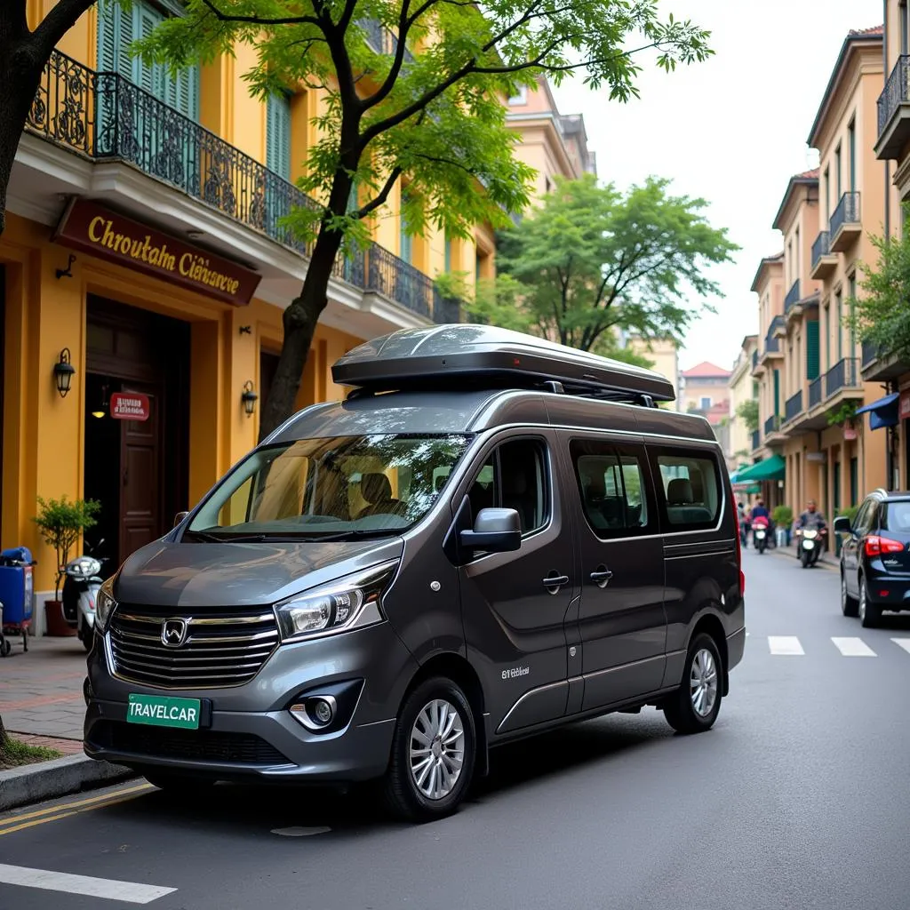 Hanoi street scene with TRAVELCAR vehicle