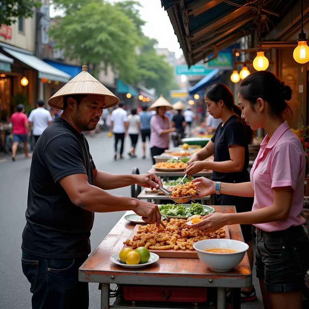 Hanoi street vendor scooping kem pino into cones