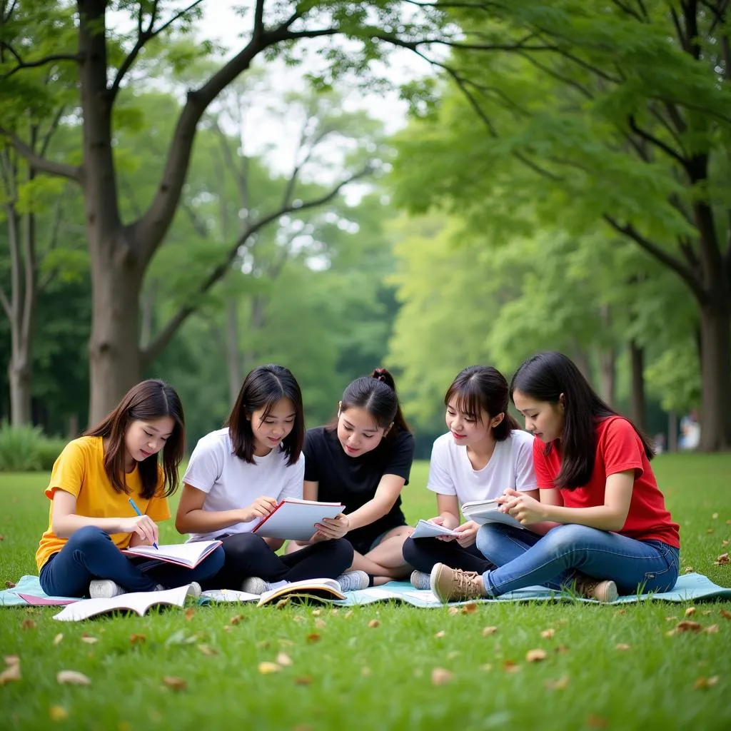 Students studying outdoors in a Hanoi park