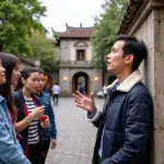 Tourist guide leading a tour in Hanoi