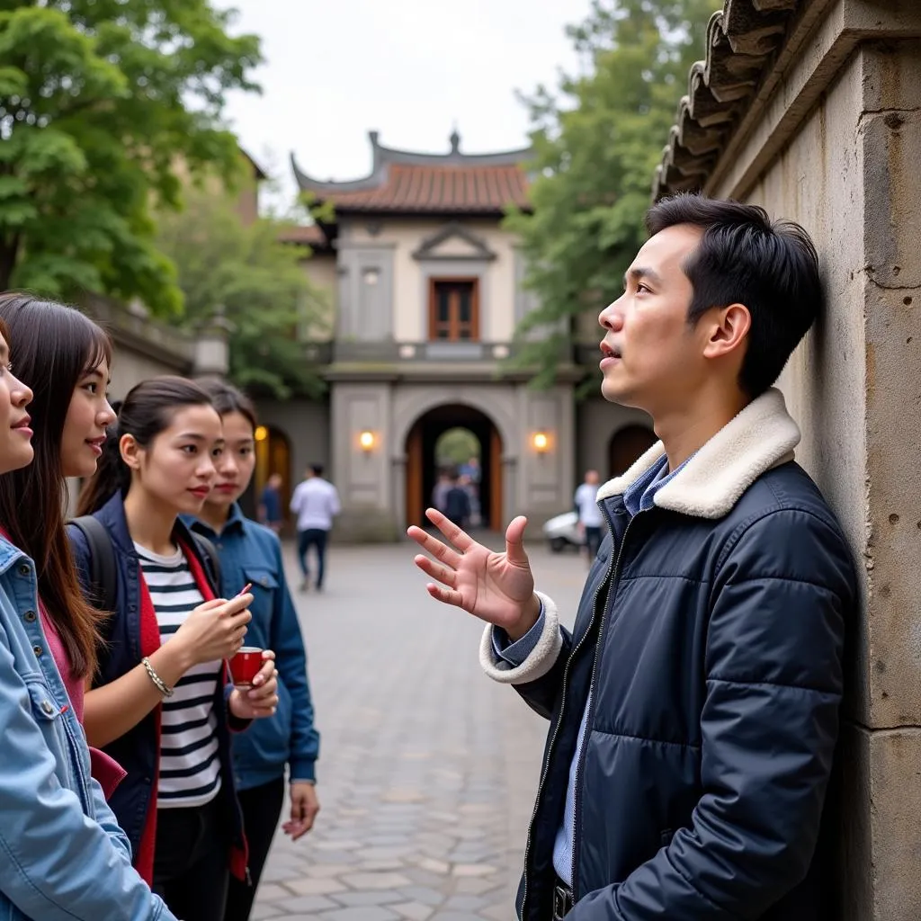 Tourist guide leading a tour in Hanoi