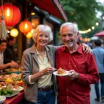 Elderly couple enjoying street food in Hanoi with peace of mind, thanks to travel insurance.