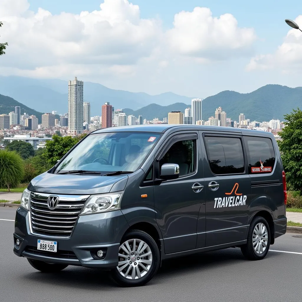 Modern van for rent parked in front of a scenic Hanoi backdrop